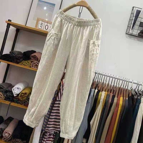 arrival summer women loose casual elastic waist ankle-length pants all-matched cotton linen big size harem pants w138 210608, Black;white